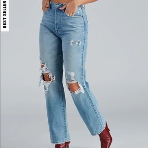 High Rise Destructed Boyfriend Jeans